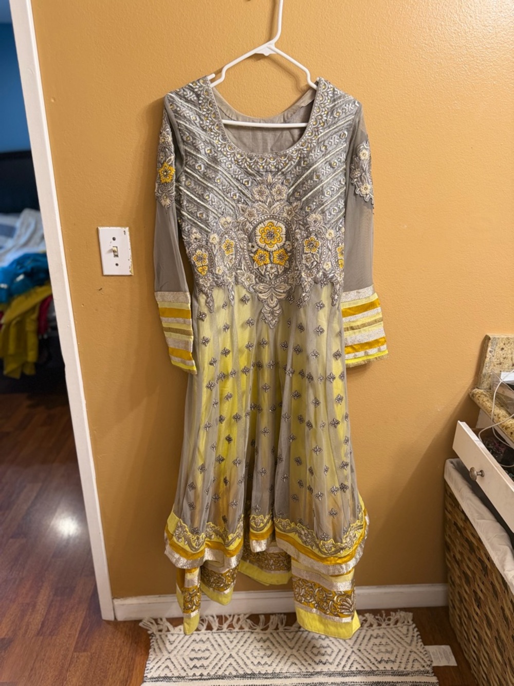 Indian Anarkali with double layers. Gray and Yellow Long-Sleeve 3 piece